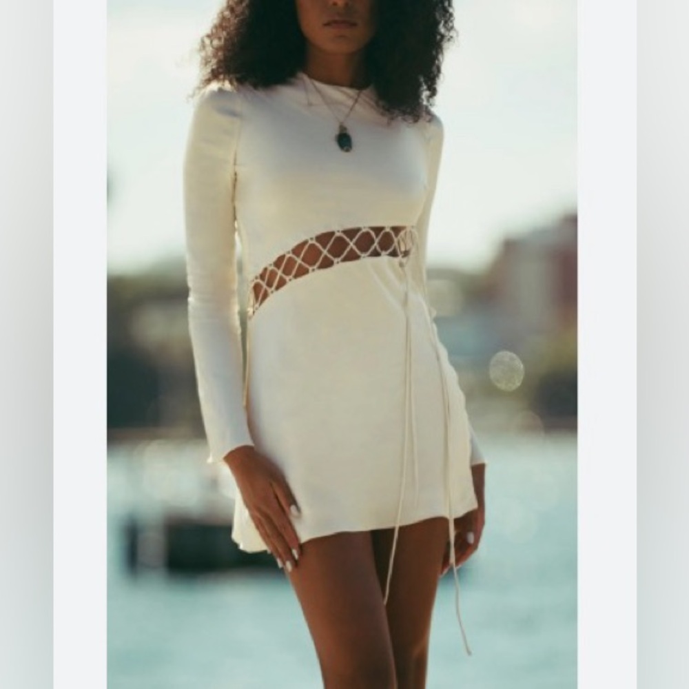 Shona Joy Arienzo Asymmetrical Cream Long Sleeve Cut Out Mini Dress